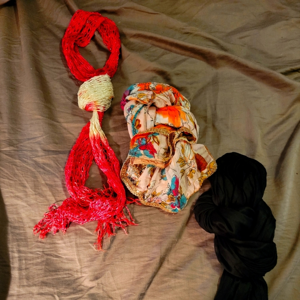 Pink, Coral, & Black, Knitted, Floral & Silky, Bohemian-Style Scarves